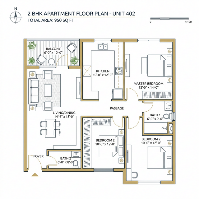 2 BHK floor plan Abhee Premium Residences Whitefield Bangalore