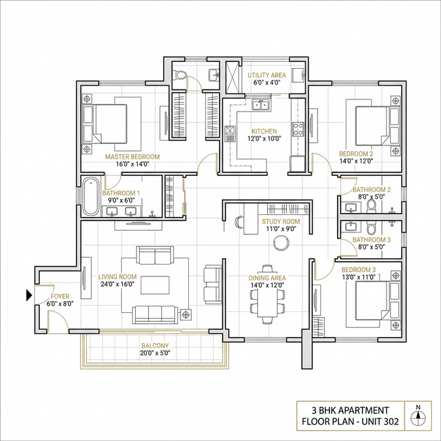 3 BHK luxury apartment floor plan Whitefield Bangalore