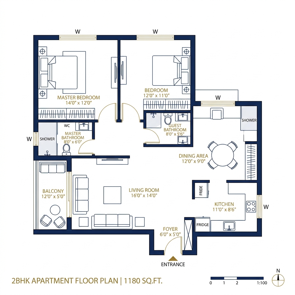 2 BHK Floor Plan Abhee New Dimension